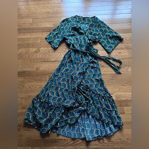 Silk & Salt Viscose Midi Wrap Dress with Ruffle Hem